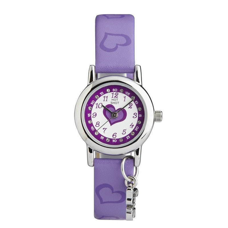 Stilvolle Mädchenarmbanduhr mit violettem Armband, weißem Zifferblatt mit Herzmotiv und funkelnden Steinen rund um die Lünette