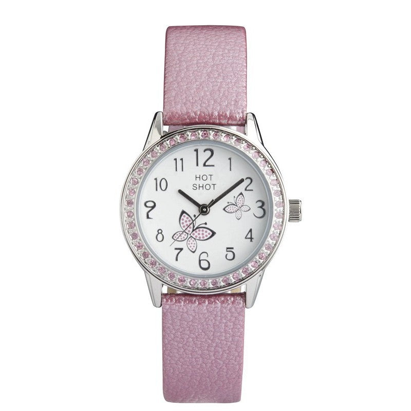 Elegante Kinderuhr mit rosafarbenem Armband, verspielten Schmetterlingen auf dem Zifferblatt und funkelnden rosafarbenen Steinen rund um die Lünette
