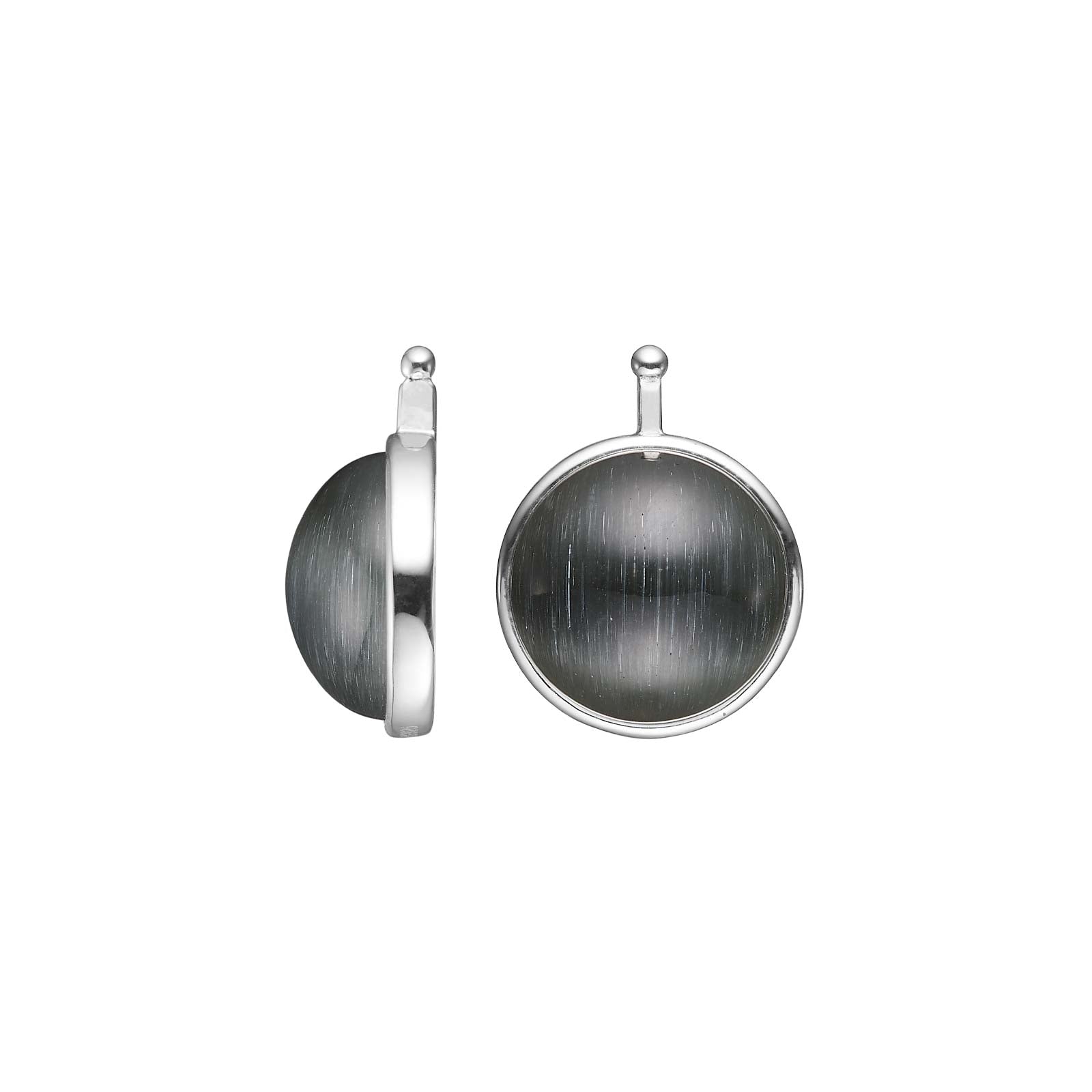 Elegante Heide-Heinzendorff-Katzenaugen-Cabochon-Ohrringe aus rhodiniertem Silber mit runden grauen Katzenaugensteinen – stilvoller Schmuck vom Schmuckzentrum.