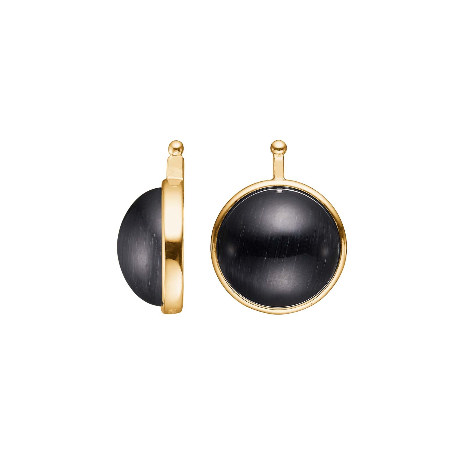 Eleganter Heide-Heinzendorff-Systemanhänger aus vergoldetem Silber mit einem runden, 13 mm großen, dunkelgrauen Katzenauge-Cabochon – stilvoll und raffiniert.