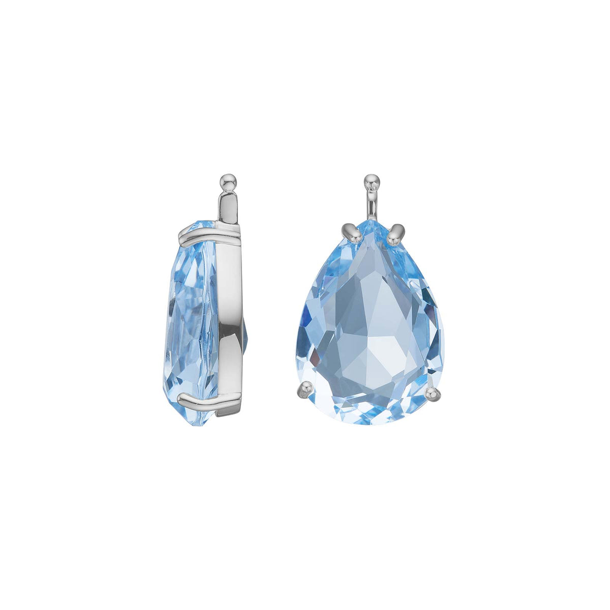 Elegante Heide-Heinzendorff-Ohrringe aus poliertem Silber, 13 x 18 mm, mit tropfenförmigen System-Anhängern und raffinierten, hellblauen Glasfacetten.