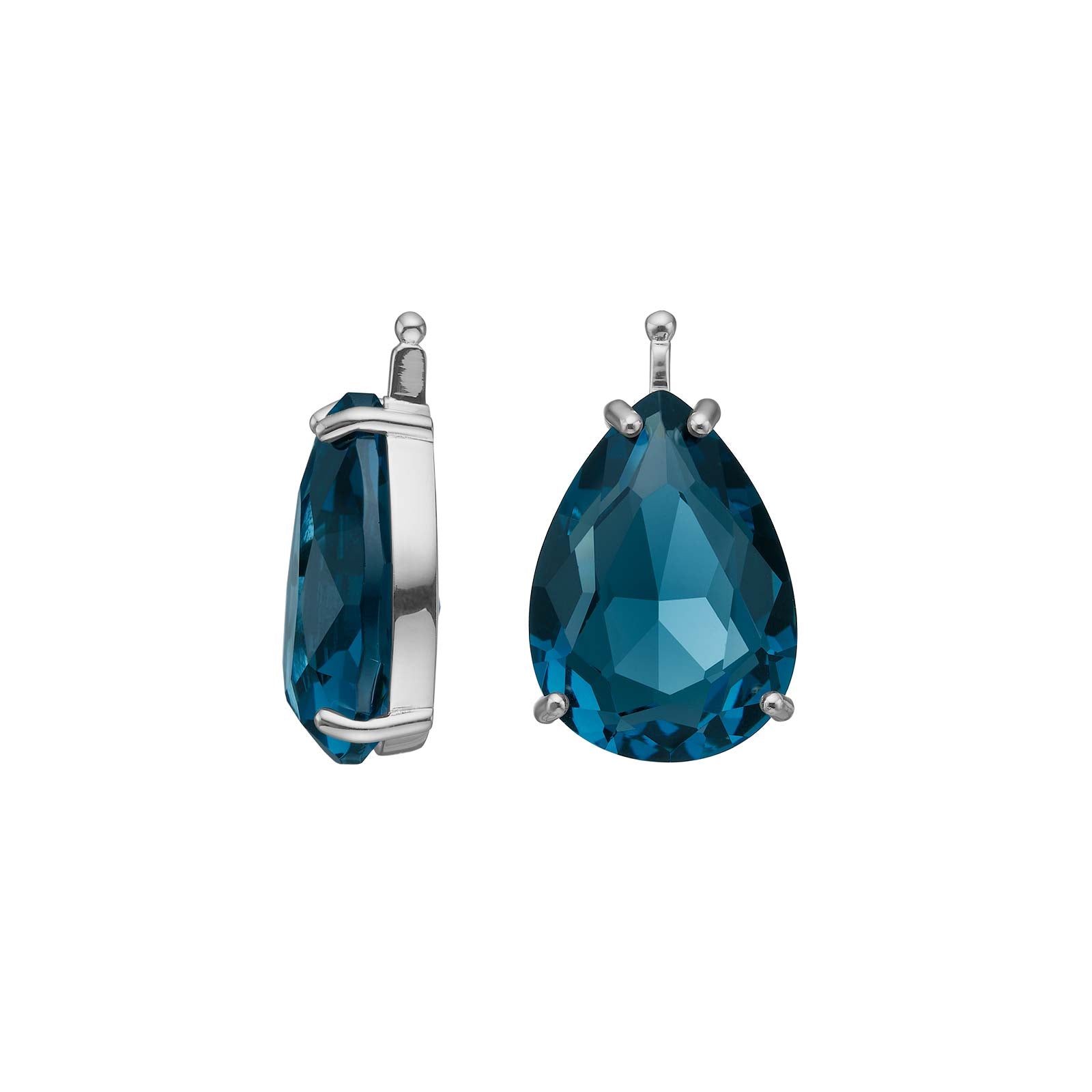 Eleganter Heide-Heinzendorff-Anhänger aus rhodiniertem Silber mit einem facettierten, tropfenförmigen petrolblauen Glasstein – ein stilvolles und raffiniertes Schmuckstück.