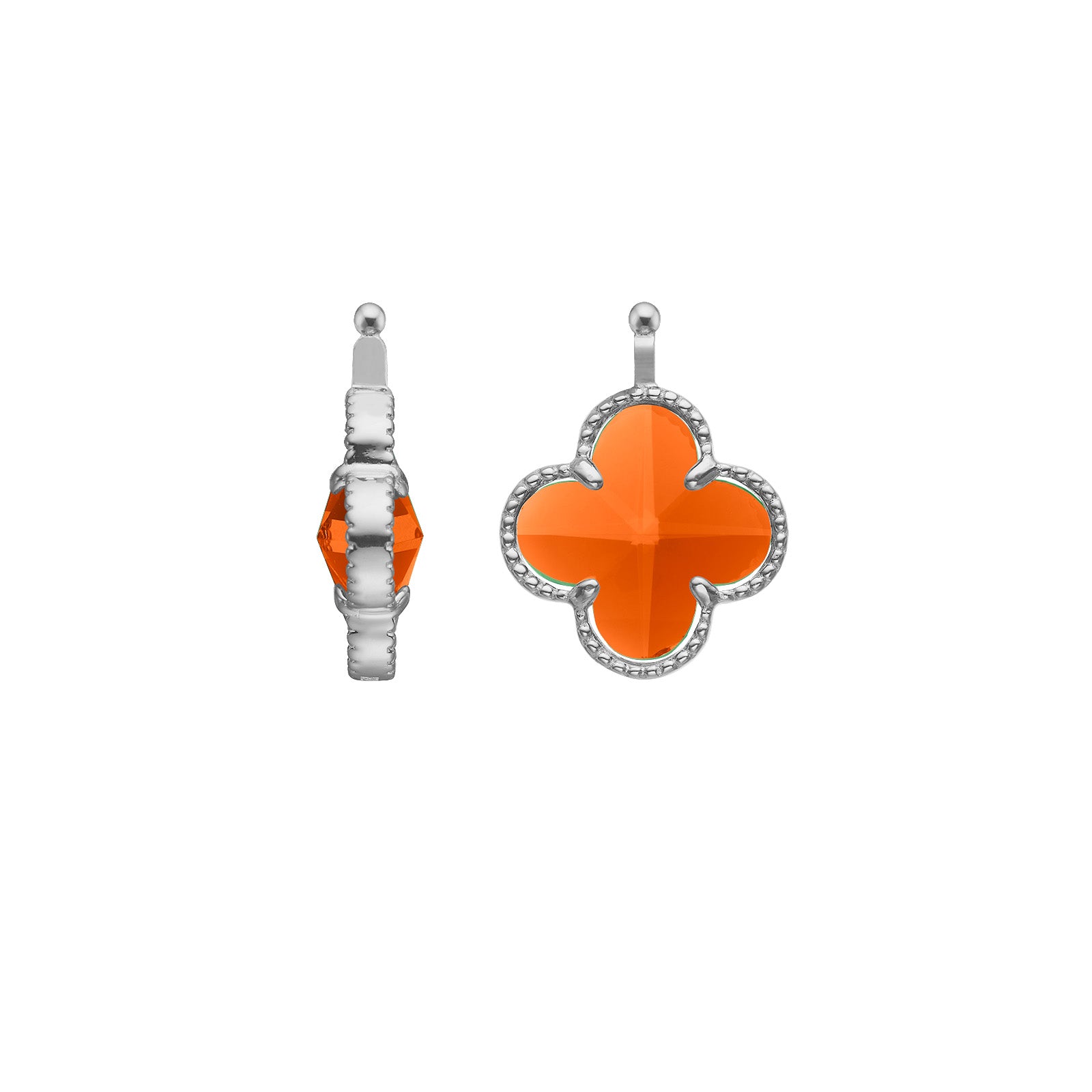 Eleganter Heide Heinzendorff Kleeblatt-Anhänger aus facettiertem Glas in rhodiniertem Silber mit orangefarbenem, facettiert geschliffenem Glasstein.