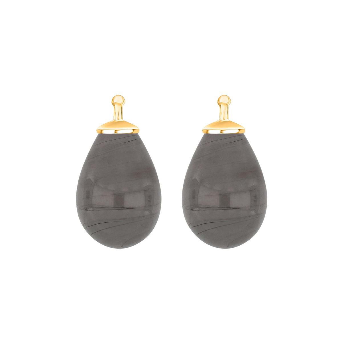 Elegante Heide Heinzendorff Tropfen-Ohrringanhänger aus böhmischem Quarzglas und vergoldetem Silber mit dunkelgrauem Quarz – ein stilvolles, raffiniertes Schmuckstück vom Schmuckzentrum.