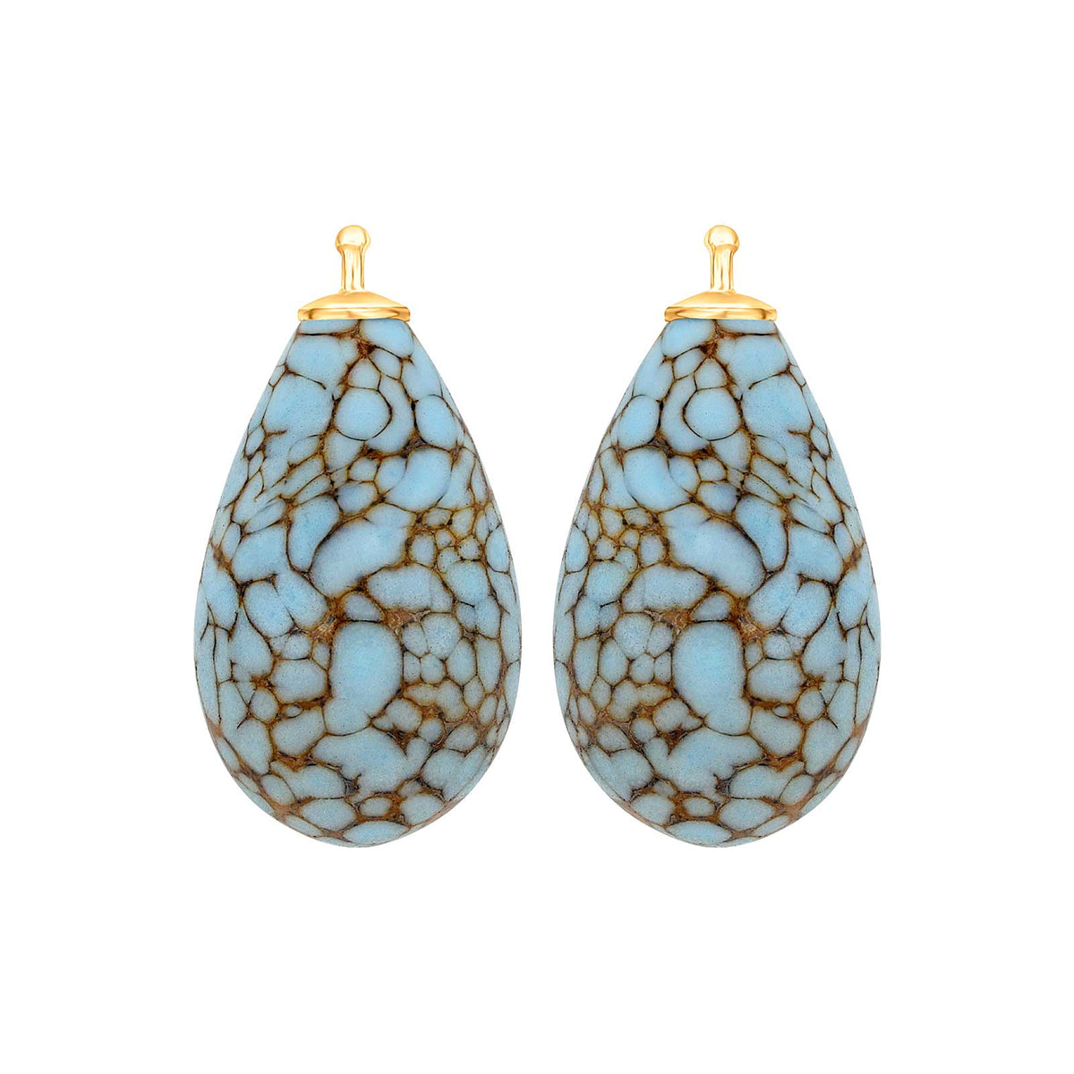 Elegante Heide Heinzendorff Tropfenohrringe aus vergoldetem Silber mit böhmischem Quarzglas in Hellblau und brauner Marmorierung.