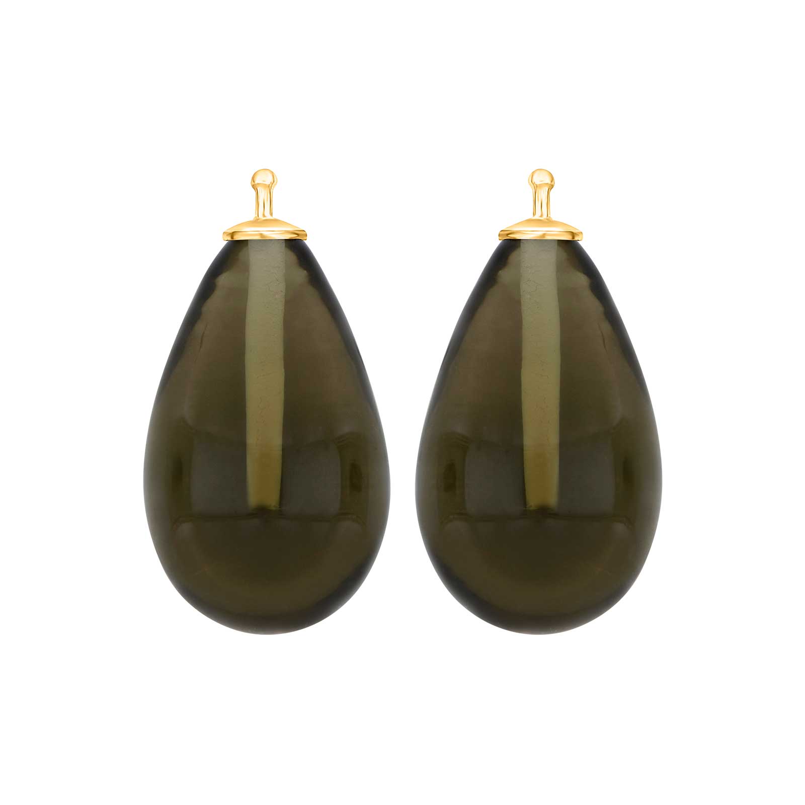 Heide Heinzendorff elegante Tropfen-Ohrringe aus böhmischem Quarzglas und vergoldetem Silber mit raffiniertem Farbverlauf von dunklem Olivgrün bis Rauchquarz