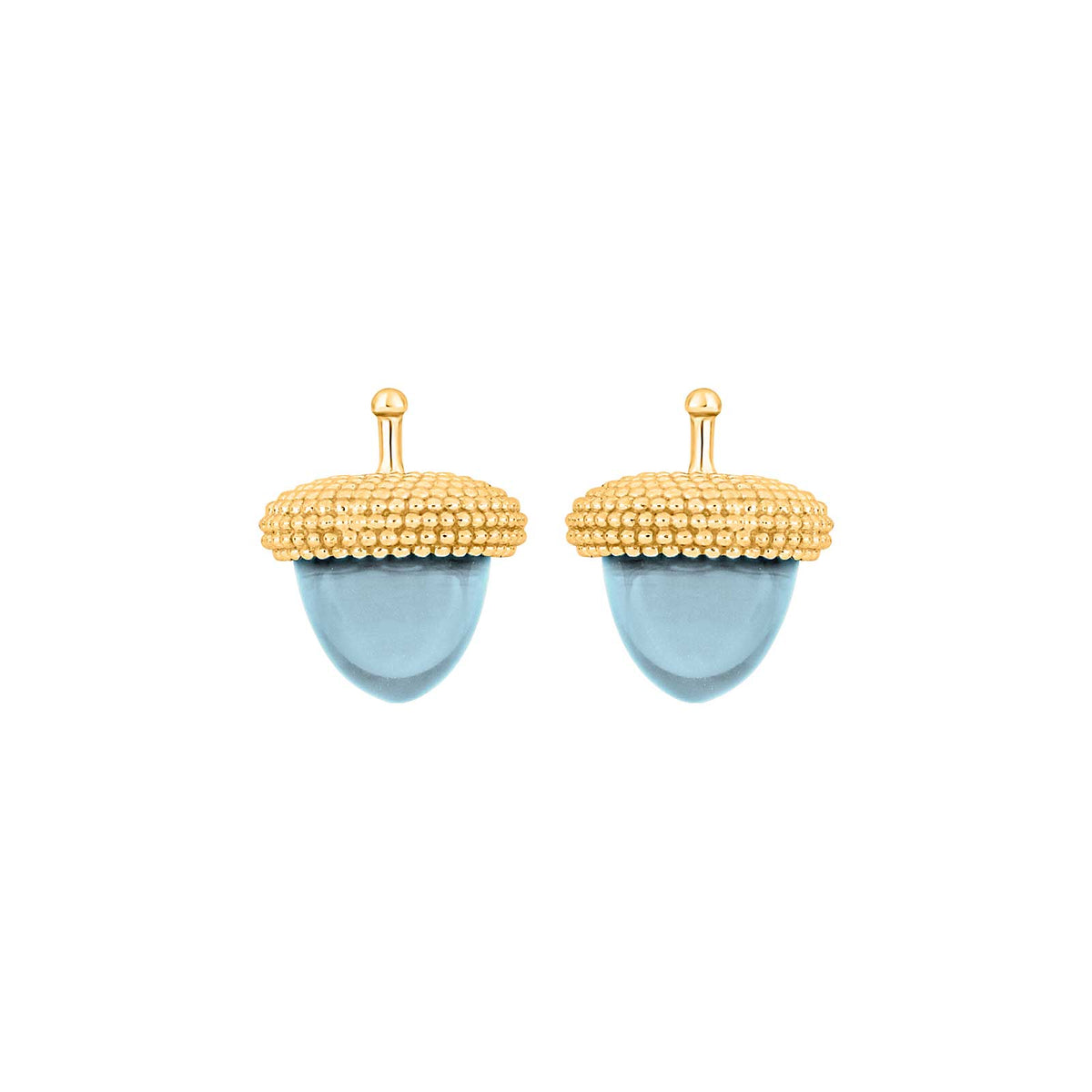 Elegante, eichelförmige Ohrringe und stilvoller Systemanhänger von Heide Heinzendorff aus vergoldetem Silber mit edlem blauem Quarz.
