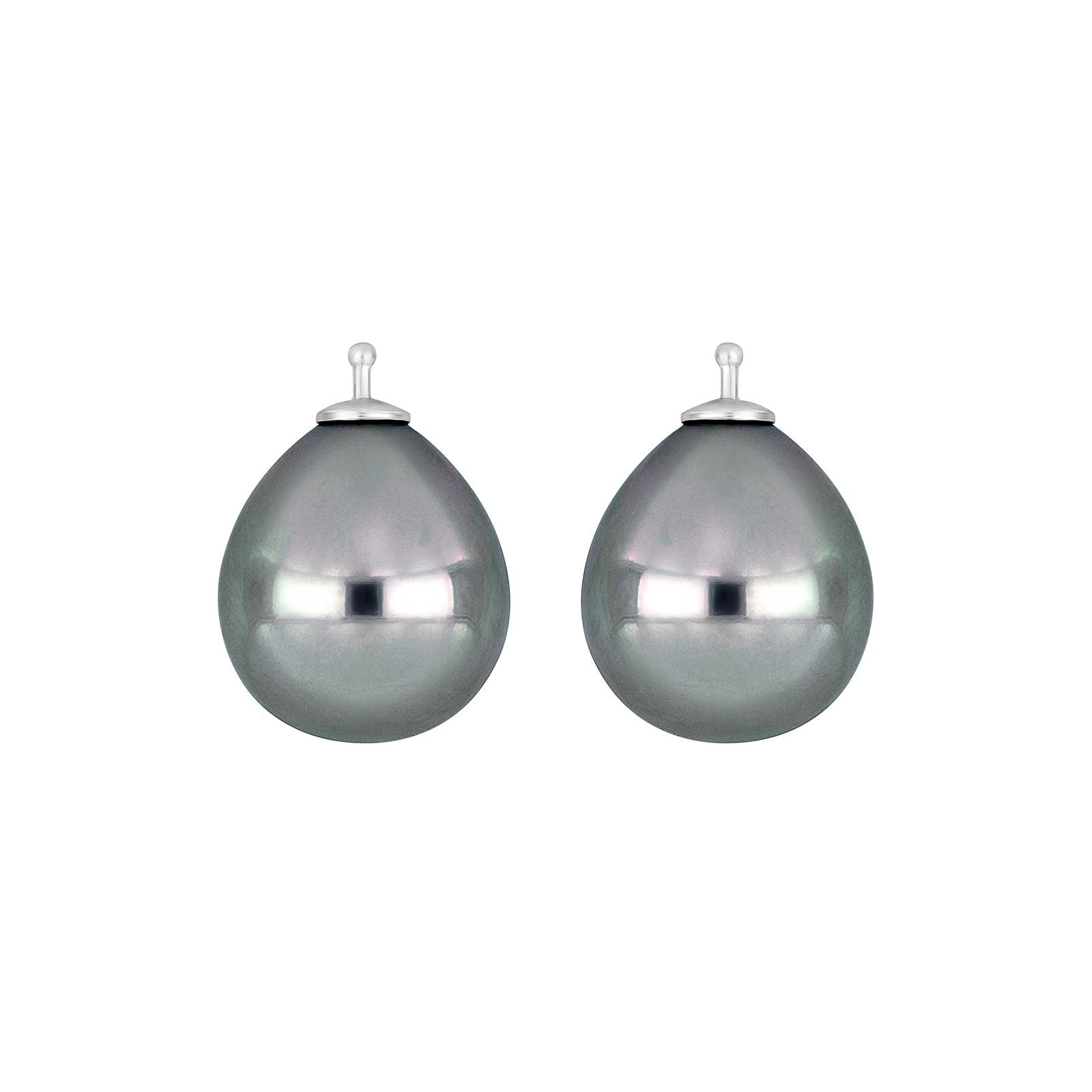 Elegante Heide Heinzendorff Mallorca-Perlenohrringe aus rhodiniertem Silber mit grauen, tropfenförmigen Perlen in 12 × 14 mm.