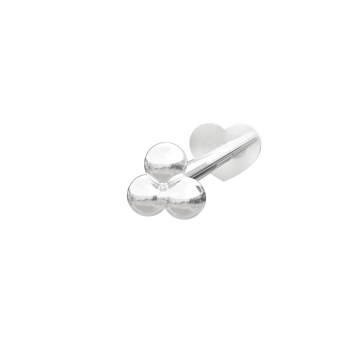 Nordahl Andersen labret piercing i rhodineret sølv med 3 kugler og hjerteformet plade