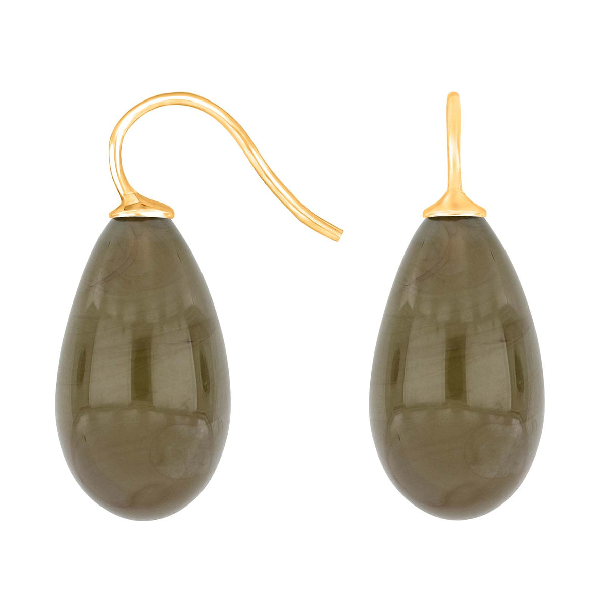 Elegante Heide Heinzendorff Ohrreifen aus vergoldetem Silber mit tropfenförmigen, graubraunen Quarzsteinen.