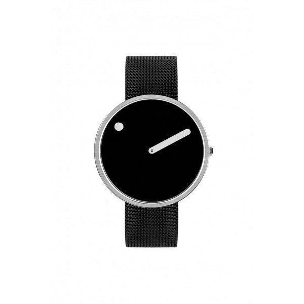 Picto Uhr - Schwarzes Zifferblatt, mattes IP-Stahlnetzarmband 34 mm