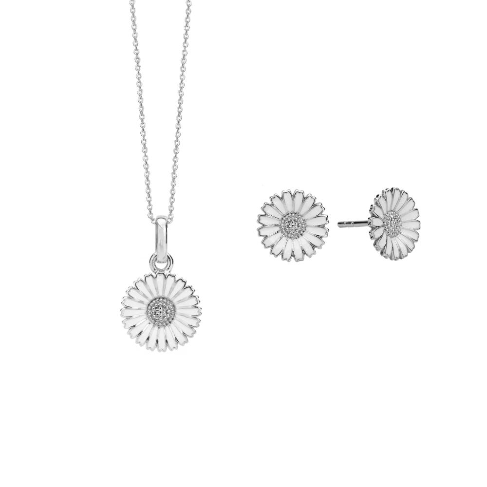 Schmuckzentrum Aagaard Margeriten-Schmuckset aus elegantem Sterlingsilber mit passenden Ohrringen und Anhänger inklusive Halskette – klassisch, stilvoll und zeitlos
