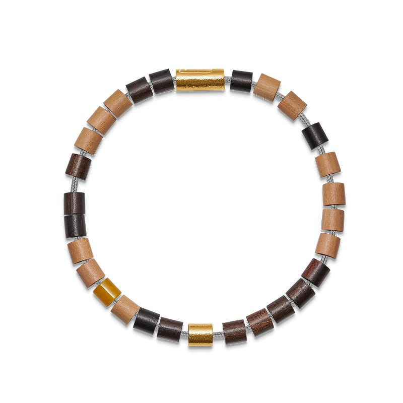 Black Sun Yellow Bay armbånd med lyst og mørkt træ, gul agat og forgyldt messinglås