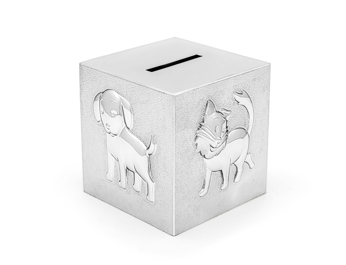 Stilvolle Zilverstad Cube Pets Spardose aus silberfarbenem Metall mit raffiniert geprägten Tiermotiven