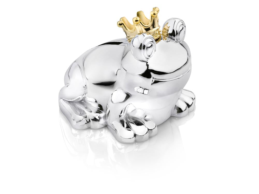 Elegante Zilverstad Frosch-Spardose aus silberfarbenem Metall mit stilvoller goldfarbener Krone