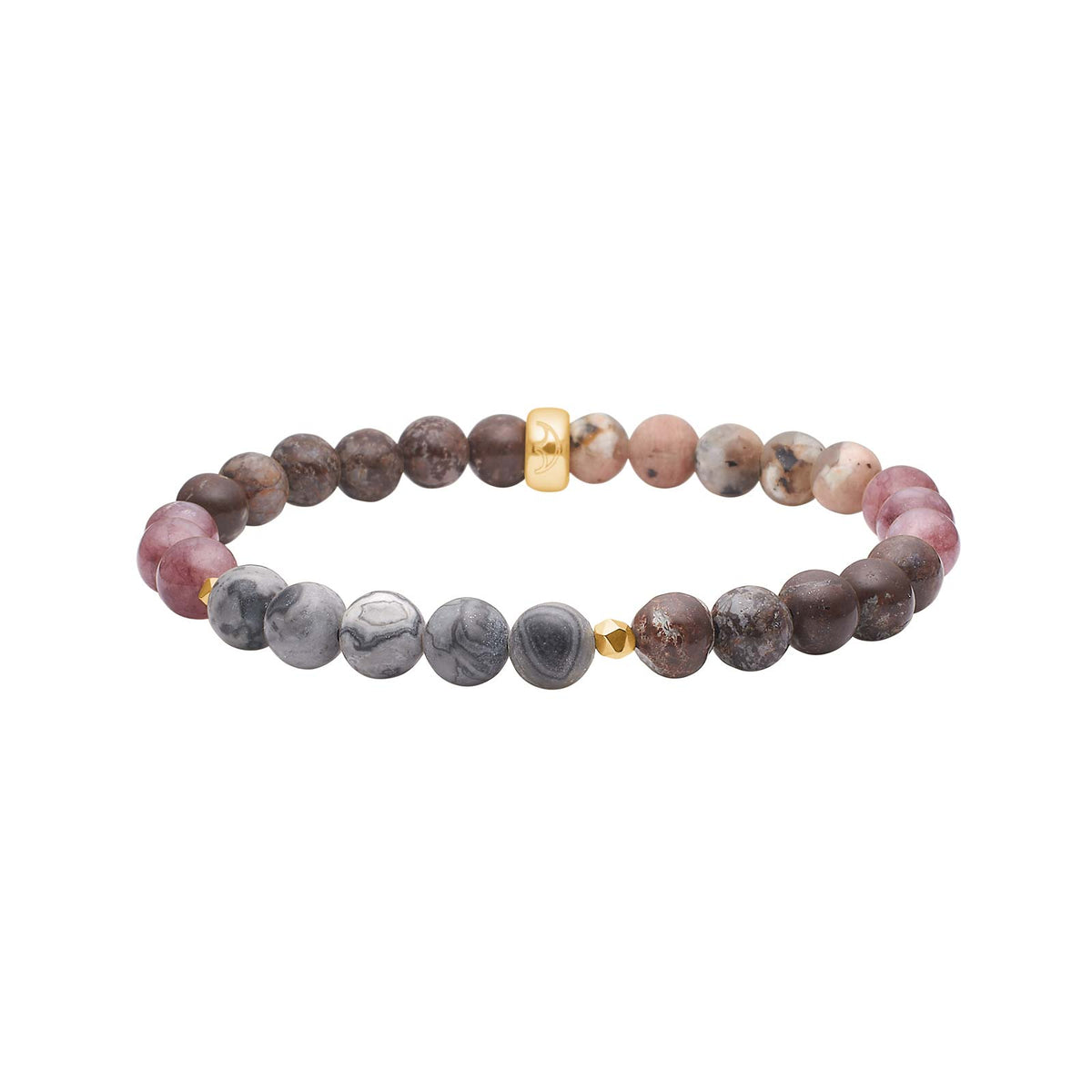 Elegantes Heide-Heinzendorff-Jaspis-Armband aus Silber mit 6 mm großen rosa, grauen und braunen Jaspis- und Quarzperlen sowie raffinierten goldfarbenen Details