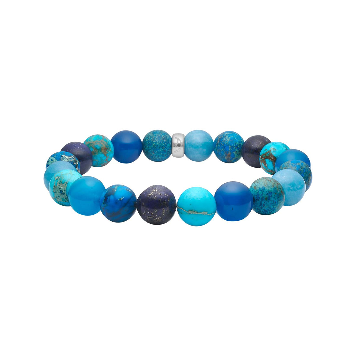 Elegantes Heide Heinzendorff-Silberarmband mit 10 mm großen Edelsteinperlen aus Lapislazuli, Schwammquarz, blauem Achat und Howlith – stilvoll ergänzt durch ein oxidiertes Silberdetail.