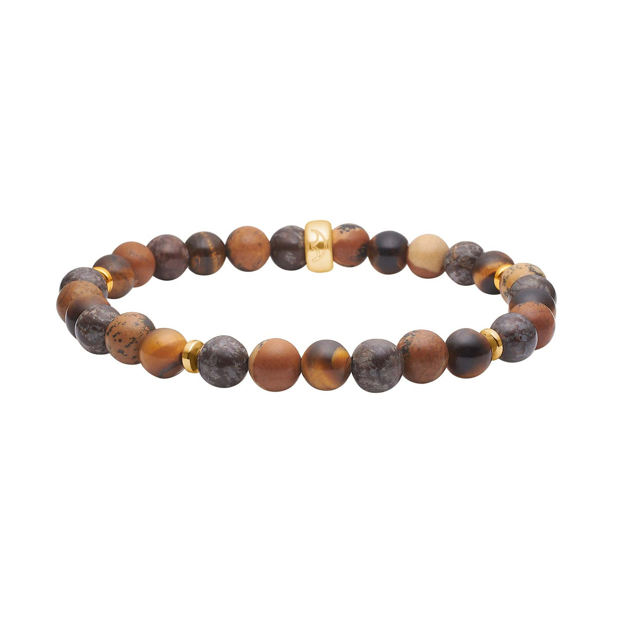 Elegantes Heide-Heinzendorff-Armband aus vergoldetem Silber mit Tigerauge, Jaspis und Hämatit, 6-mm-Perlen in warmen Erdtönen