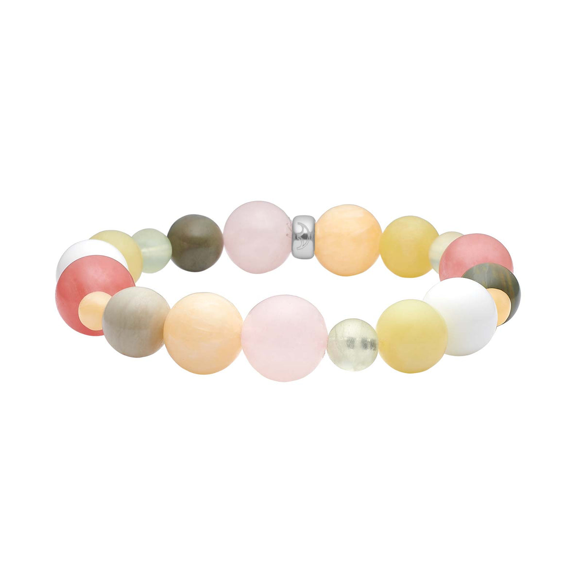 Schmuckzentrum präsentiert ein elegantes Heide Heinzendorff Armband aus rhodiniertem Silber mit 12 mm großen runden Rosenquarz- und Edelsteinperlen in Rosa sowie harmonischen, mehrfarbigen Nuancen.