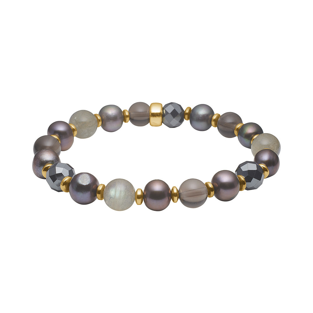 Elegantes Heide-Heinzendorff-Edelsteinarmband aus Edelstahl mit Hämatit, Quarz, Labradorit und dunklen Süßwasserperlen – stilvoll und zeitlos vom Schmuckzentrum