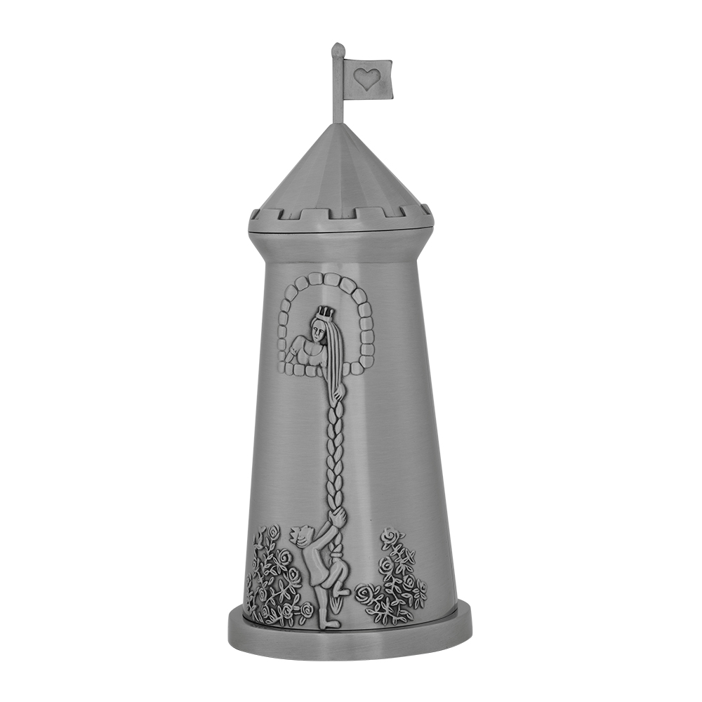 NOA Kids Prinzessinnenschloss-Spardose aus silberfarbenem, verzinntem Metall mit zauberhaften Reliefdetails im Märchenstil.