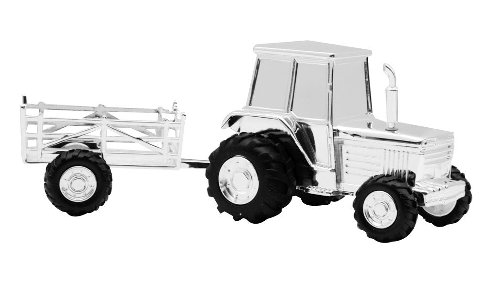 Nordahl Andersen sparebøsse med traktor og vogn i forkromet metal