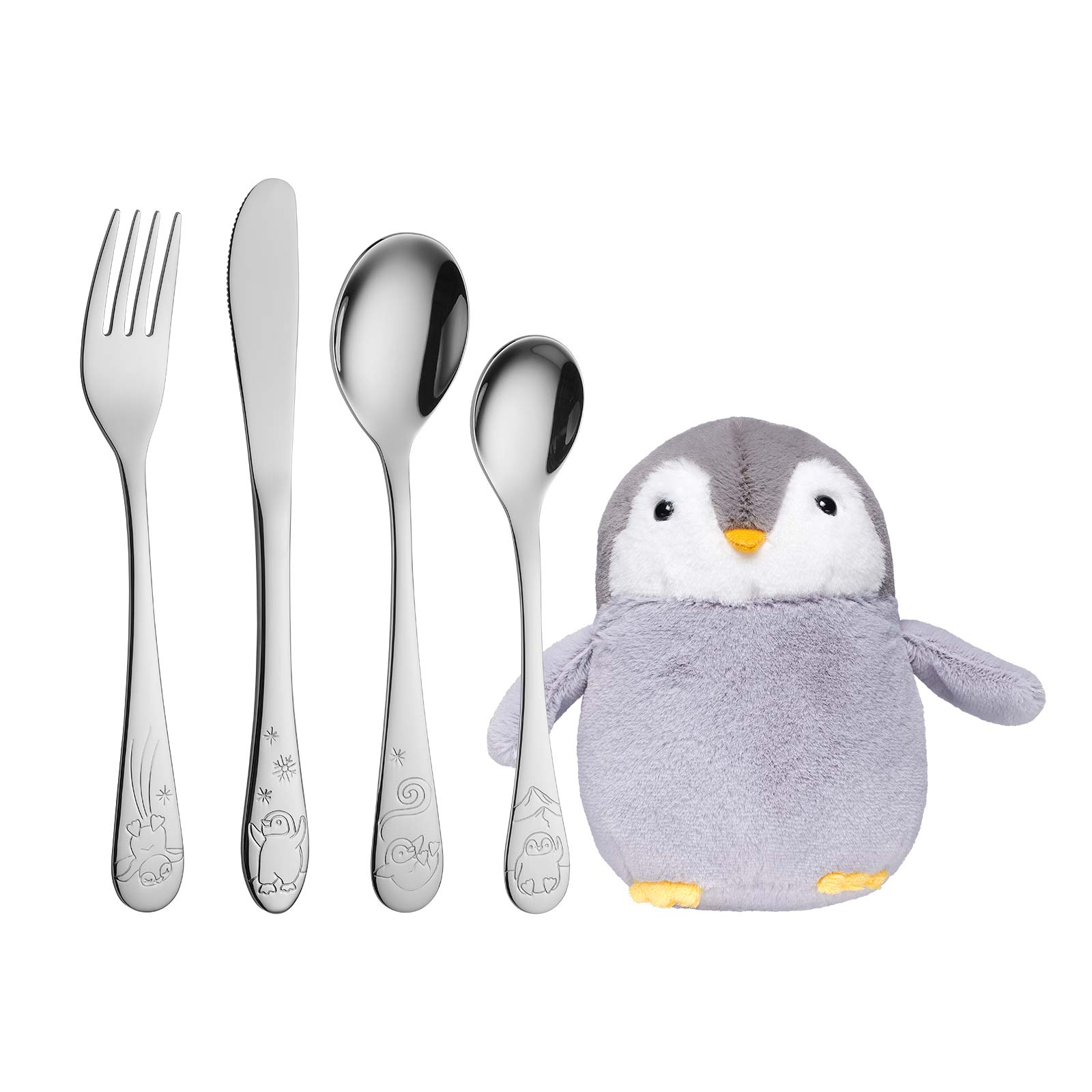 NOA Kids Pinguin-Besteckset aus Edelstahl mit passendem weichem Kuscheltier