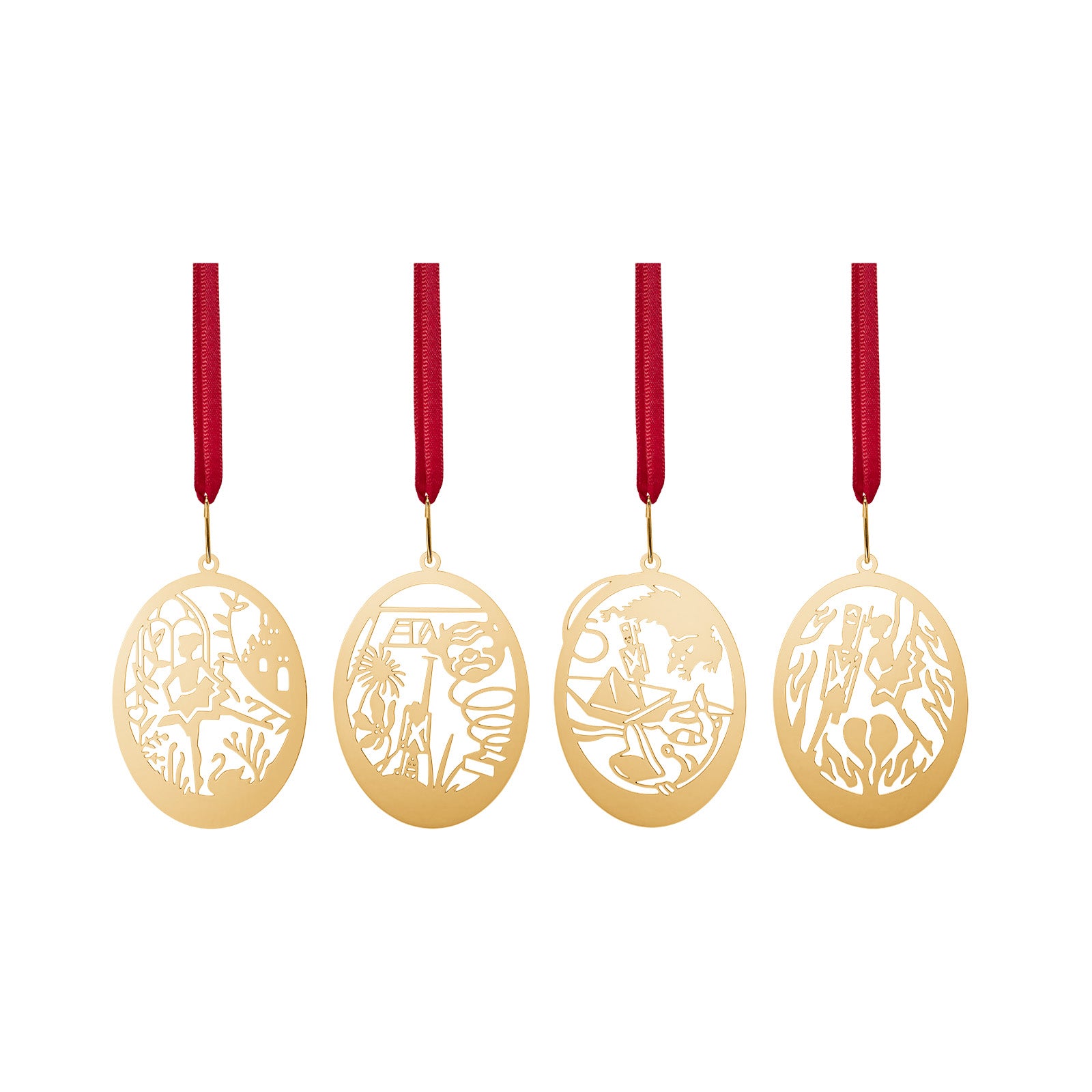 Vier vergoldete Weihnachtsanhänger mit Motiv des Zinnsoldaten in Geschenkbox
