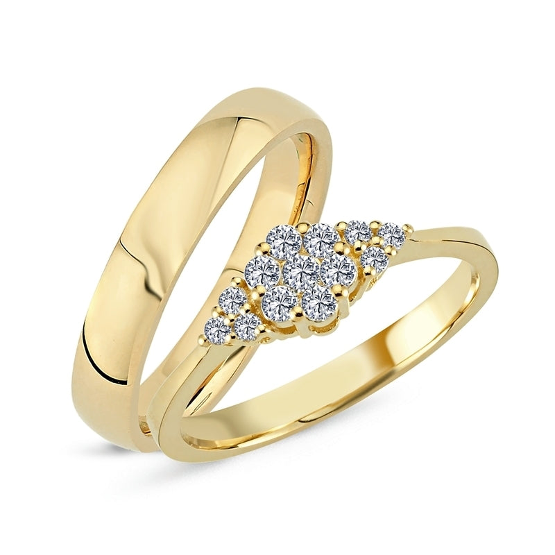 Lilja vielsesringe i 14 kt guld fra NURAN med 0,30 ct brillanter og enkel herremodel i blank finish