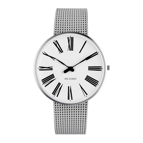 Arne Jacobsen - Roman Ur m. hvid skive og stål meshlænke Ø40