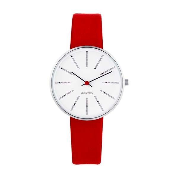 Arne Jacobsen Bankers armbåndsur Hvid skive og rød læder rem 53101-1601