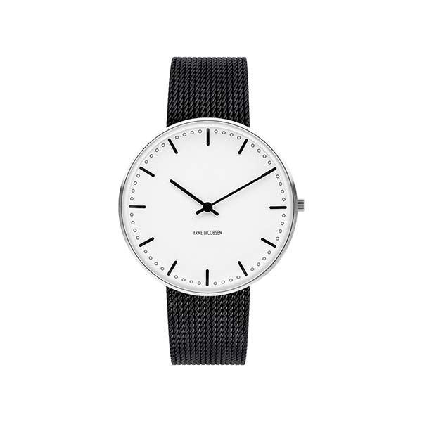 Arne Jacobsen ur - City Hall - Ø 40 mm - Sort mesh & Hvid skive
