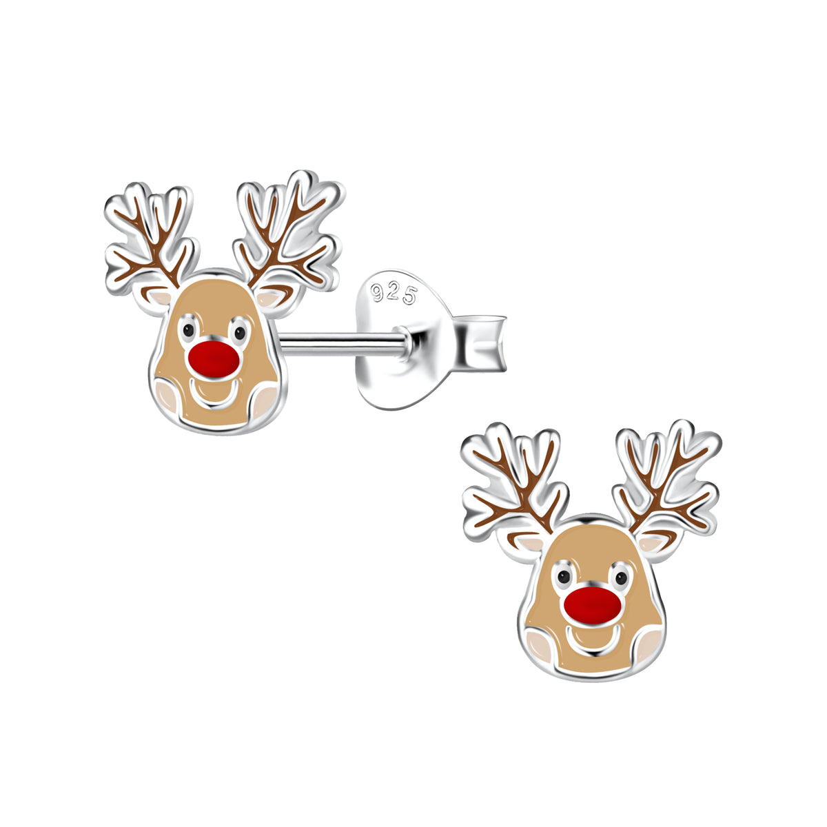Stilvolle Weihnachts-Ohrringe aus Sterlingsilber von ByBirch in Form eines Rentierkopfes mit Geweih, brauner Emaille und roter Nase – ein charmantes, festliches Schmuckstück aus dem Schmuckzentrum