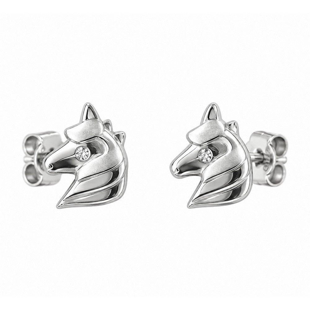 Elegante Ohrstecker in Form eines Pferdekopfs aus rhodiniertem Silber, verziert mit einem funkelnden Zirkonia im Auge
