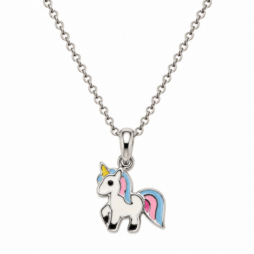 Elegante Kinderhalskette aus rhodiniertem Silber mit stilvollem Einhorn-Anhänger aus Emaille