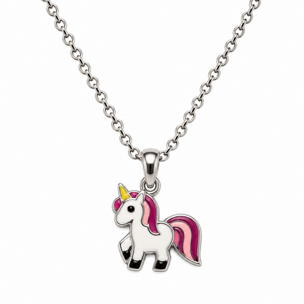 Stilvolle Kinderhalskette aus rhodiniertem Silber mit elegantem Einhorn-Anhänger und pinker Emaille