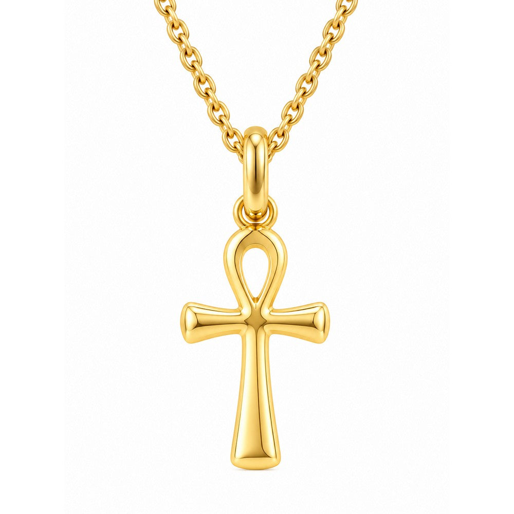 Stilvoller Ankh-Kreuz-Anhänger aus 8-karätigem Gold an einer vergoldeten Ankerkette aus Silber