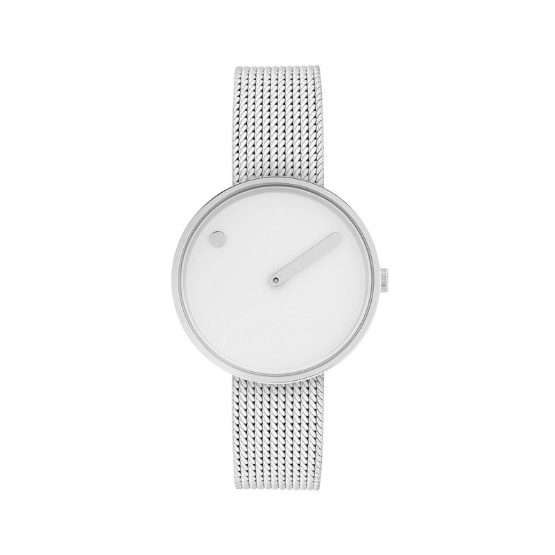 Picto Uhr - Weißes Zifferblatt, mattes Stahlnetzarmband 34 mm