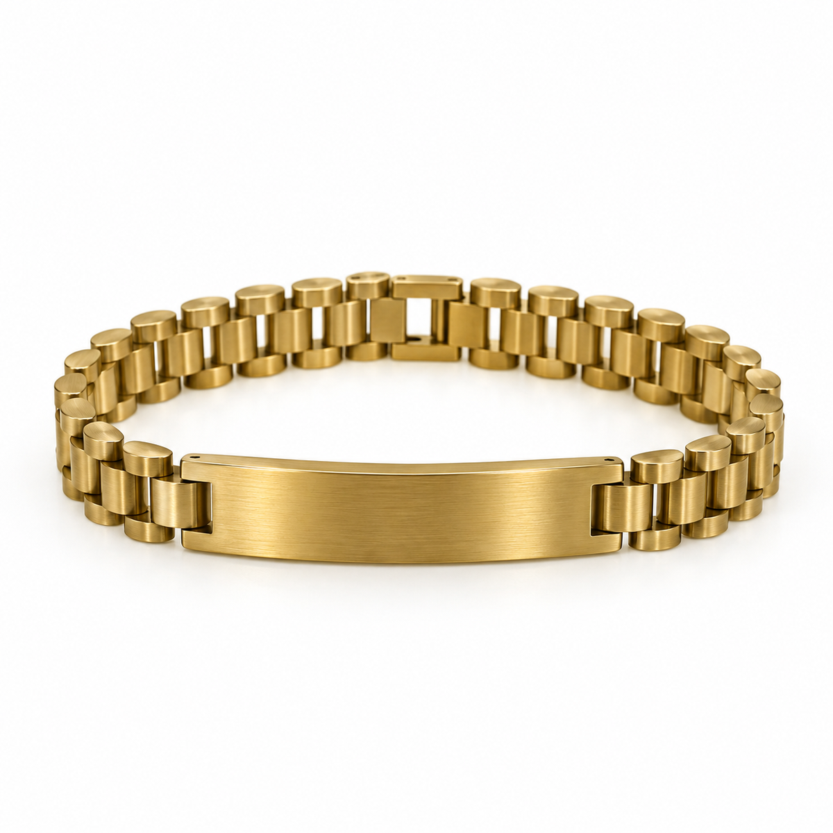 Rico’s stilvolles ID-Armband aus vergoldetem Stahl mit klassischem Uhrengliederarmband und glänzender, blanker Gravurplatte – Schmuckzentrum RC522G