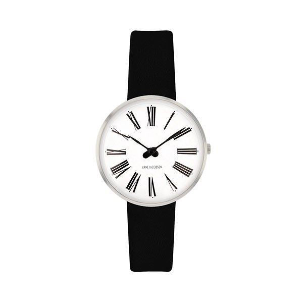 Arne Jacobsen ur - Roman - Ø30 mm - Stål & Sort læderrem