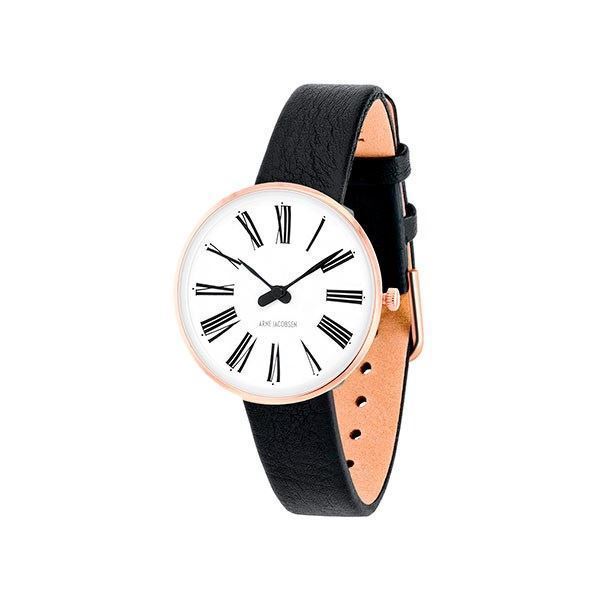 Arne Jacobsen ur - Roman - Ø34 mm - Rosaforgyldt & Sort læderrem