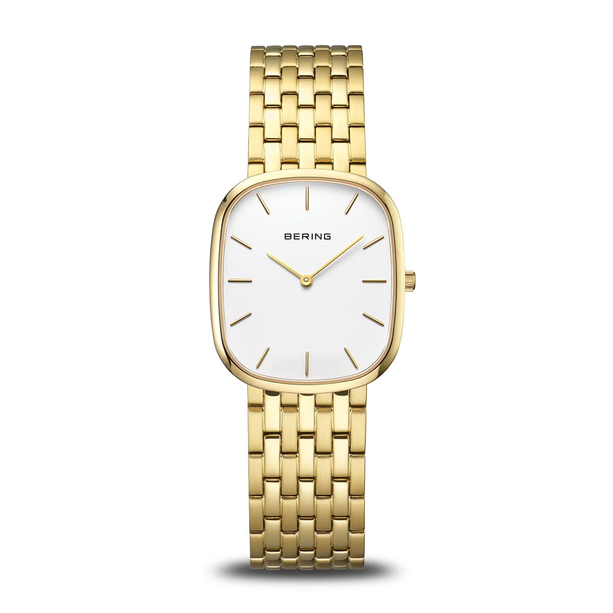 Elegante BERING Classic Damenuhr aus goldfarbenem Edelstahl mit weißem Zifferblatt, 26 x 30 mm