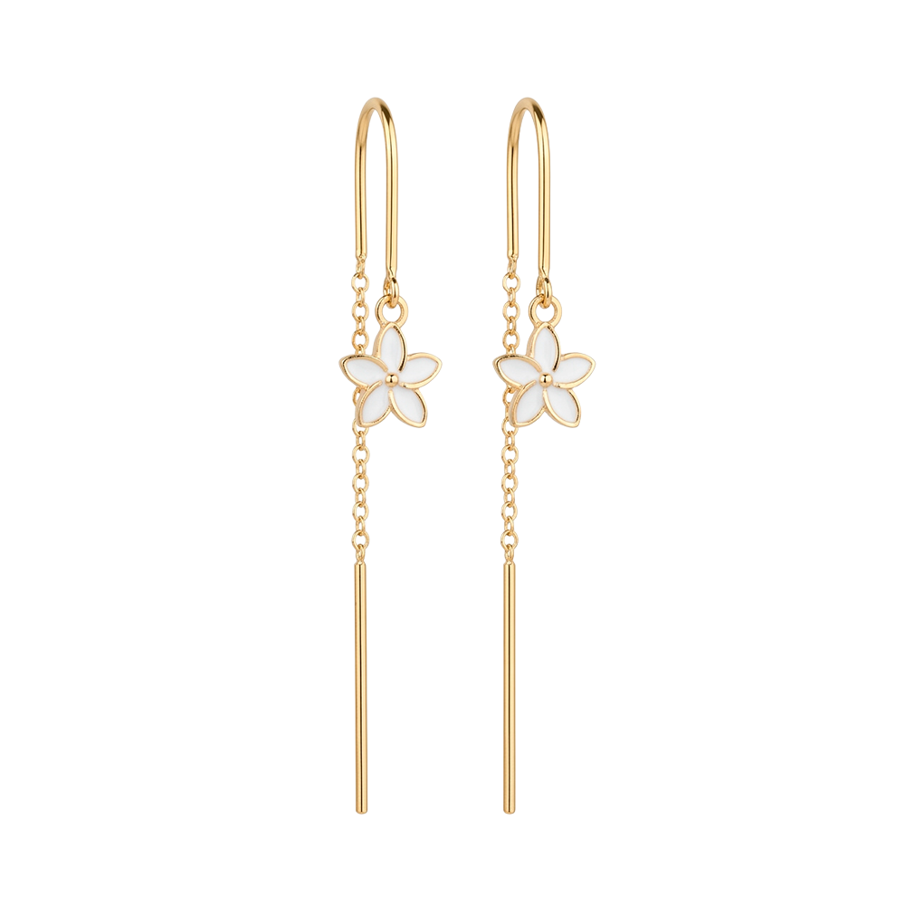 Elegante Christina Flower Heaven Kettenohrringe aus vergoldetem Silber mit weißer Emaille