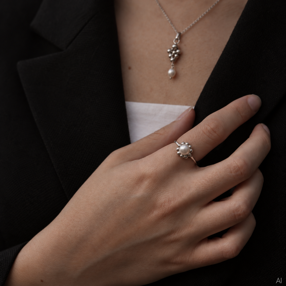 Christina Flower Pearl ring i sølv med ferskvandsperle båret på model