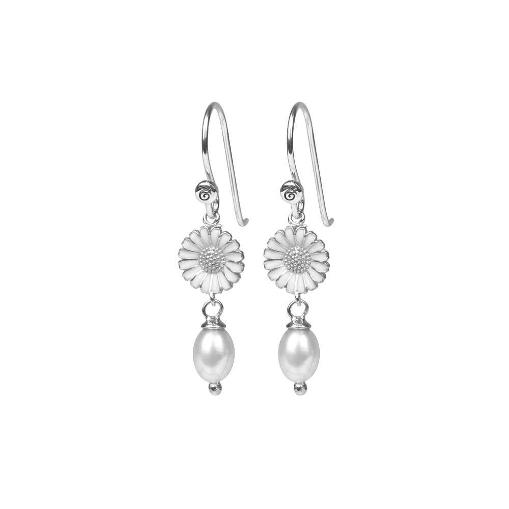Elegante Christina Marguerite Perlen-Ohrhänger aus Silber mit weißer Emaille, edlen Süßwasserperlen und klassischem Hakenverschluss