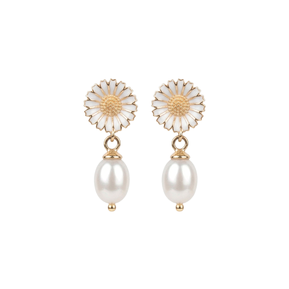 Christina Marguerite Pearl Ohrringe aus vergoldetem Silber mit weißer Emaille und einer eleganten Süßwasserperle