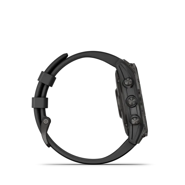 Garmin Epix Gen 2 smartwatch i titanium med sort silikonerem – set fra siden
