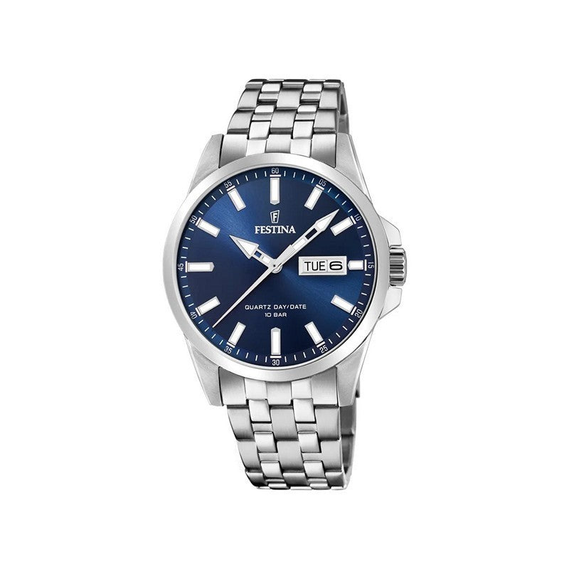 Elegante Festina Herrenuhr aus Edelstahl mit klassischem blauem Zifferblatt, Tages- und Datumsanzeige sowie stilvollem Edelstahlarmband
