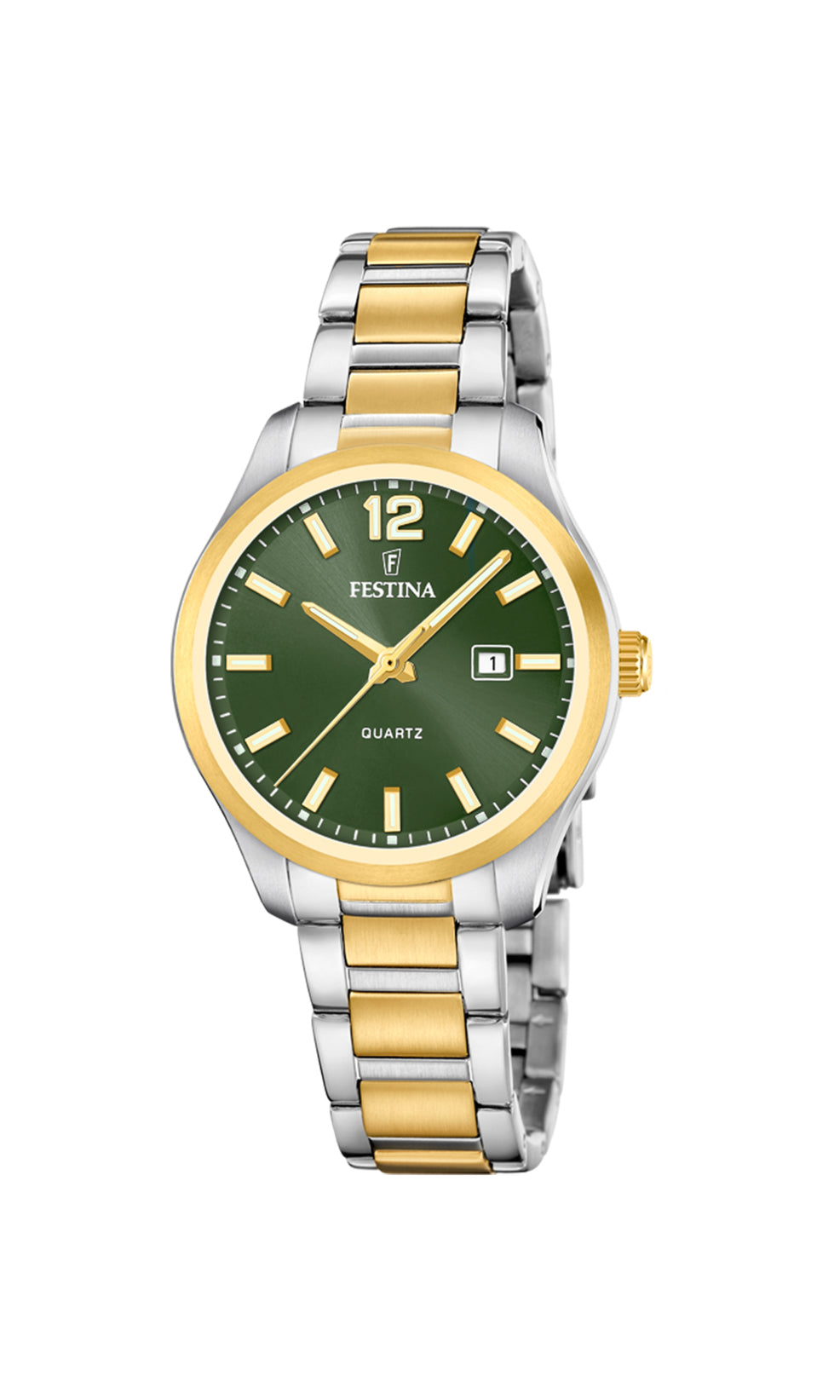 Elegante Festina Acero Damenuhr aus Bicolor-Edelstahl mit stilvoller grüner Zifferblattfarbe und praktischer Datumsanzeige