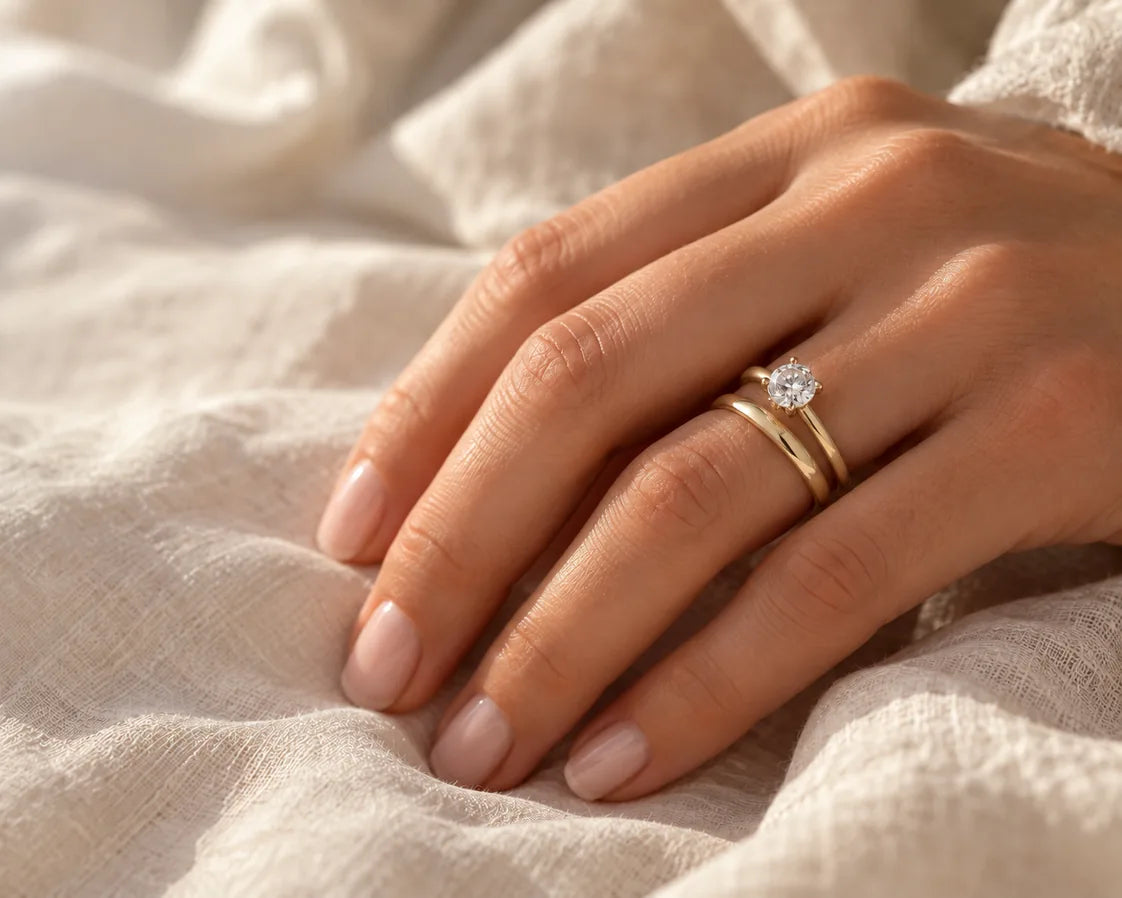 Solitaire forlovelsesring og vielsesring i guld på hånd